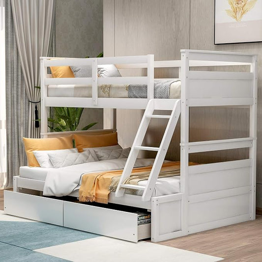 Merax Twin Over Full Bunk Bed, Wood Bunk Bed with Removable Ladders and Two Storage Drawers, Convertible into Two Individual Beds (White)