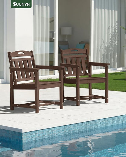 Set of 2 Weatherproof Patio Chairs - HDPE Outdoor Dining Chairs with Wide Seat, Ergonomic Design - for Garden, Backyard, Deck - Brown