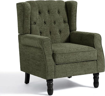 High Back Accent Chair, Fabric Upholstered Armchair Wingback Chair for Living Room, Comfy Single Sofa Solid Wood Legs Bedroom Side Reading Seat - Olive Green