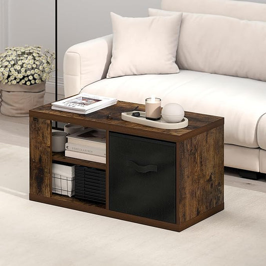 Furinno Viola Coffee Table, 3-Tier Modern Center Table with 1.2 Thick Tabletop, Side Table with Open Shelf and Storage Bin, for Living Room, Bedroom, Home Office, Amber Pine