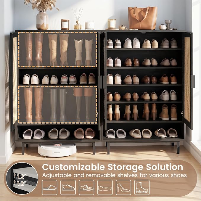 LOKO Shoe Storage Cabinet with 2 Doors, 6-Tier Rattan Shoe Organizer with Adjustable Shelves & Open Compartment, Freestanding Hidden Shoe Cabinet for Entryway, Closet & Living Room (Black)