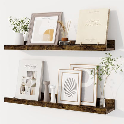 Dreamland Picture Ledge Shelf for Wall, Floating Shelves Set of 2,24 inch Long Floating Shelves with Lip for Living Room,Bedroom,Bathroom,Kitchen,Rustic Brown