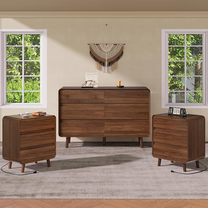 Nasonet 6 Drawer Dresser and 3 Drawers Nightstands Set with Charging Station, Wood Mid-Century Modern Dresser and Nightstand 3 Pieces for Bedroom, Living Room, Walnut