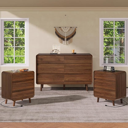 Nasonet 6 Drawer Dresser and 3 Drawers Nightstands Set with Charging Station, Wood Mid-Century Modern Dresser and Nightstand 3 Pieces for Bedroom, Living Room, Walnut