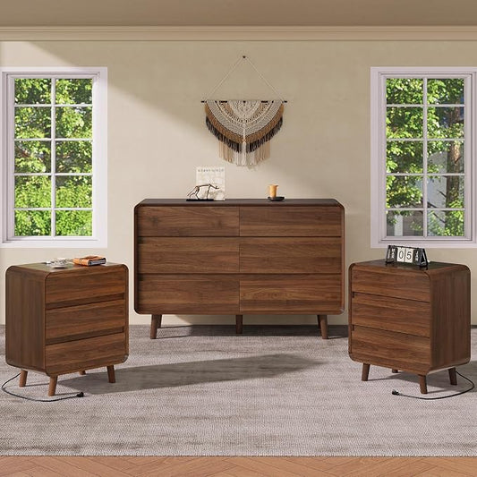 Nasonet 6 Drawer Dresser and 3 Drawers Nightstands Set with Charging Station, Wood Mid-Century Modern Dresser and Nightstand 3 Pieces for Bedroom, Living Room, Walnut