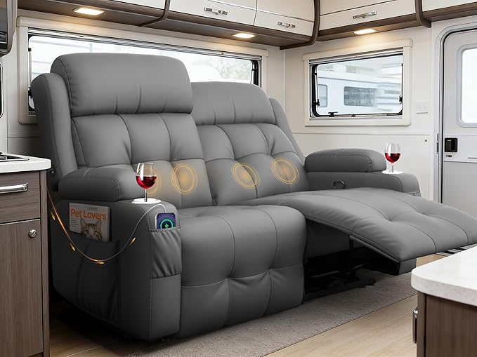 Reclining Loveseat, 55.1" RV PU Leather Wall Hugger Recliner Love Seats Sofa with Charging Station, Removable Armrest, Cup Holder, Double Recliners Couch, Manual Love Seat for Living Room