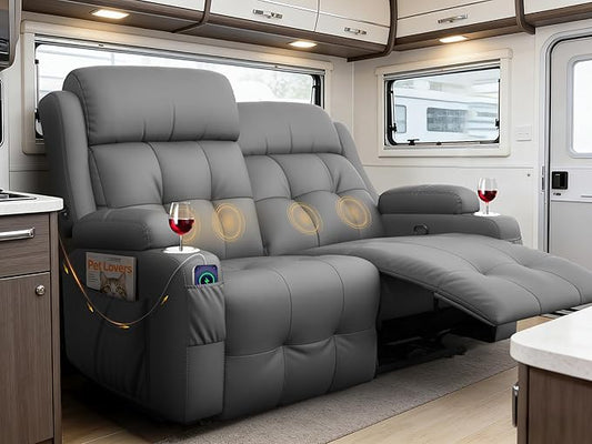 Reclining Loveseat, 55.1" RV PU Leather Wall Hugger Recliner Love Seats Sofa with Charging Station, Removable Armrest, Cup Holder, Double Recliners Couch, Manual Love Seat for Living Room