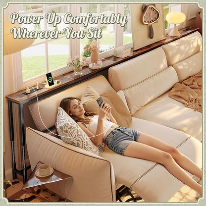 Huuger 118.1 Inch Sofa Table with Power Outlets, 23.9’’-34.4’’ Height Adjustable Range, Behind Couch Table with USB-C Ports, Sofa Tables Narrow Long, Skinny Console Table, Small Spaces, Rustic Brown