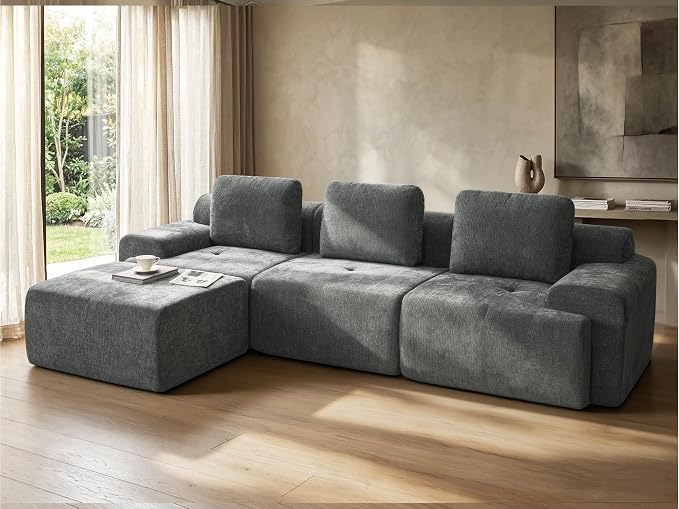 122" L Shaped Oversized Boneless Couch, Comfort Cloud Sectional Couches for Living Room, Modular Sofa High Back & Extra Deep Seat, No Assembly, Soft Chenille (Dark Grey, 122 inch-L shaped（3+1）)