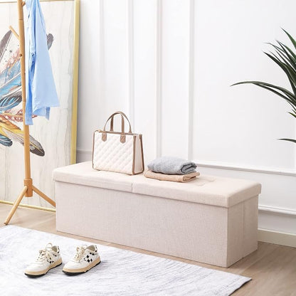 Shoe Storage Ottoman Foldable Seat Footrest Tufted Bench End of Bed Storage with Flipping Lid, 166L Storage Upholstered , Linen Fabric Beige, 45.3 Inches