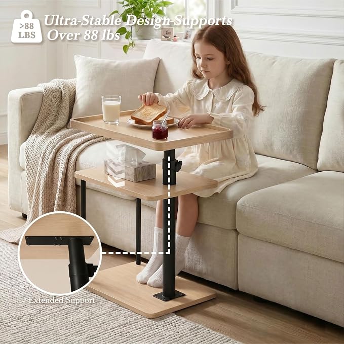 Faesun C Table End Table Adjustable Height, 360°Swivel TV Tray Table for Small Spaces, Small Nightstand for Living Room, Bedroom, Oak