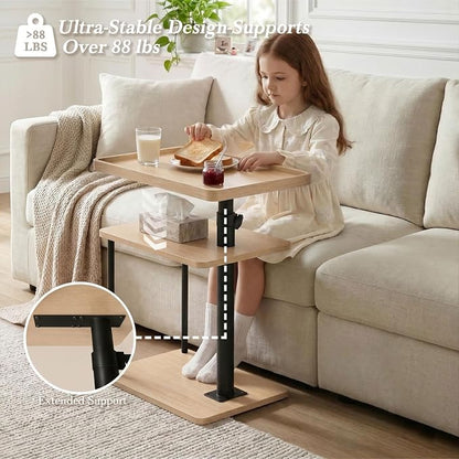 Faesun C Table End Table Adjustable Height, 360°Swivel TV Tray Table for Small Spaces, Small Nightstand for Living Room, Bedroom, Oak