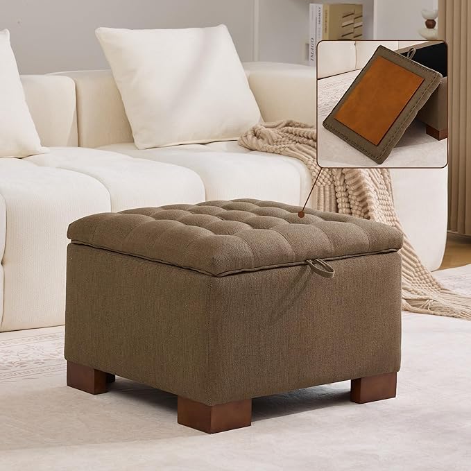 WUTUTUEE 24" Fabric Square Storage Ottoman with Wooden Tray, Modern Tufted Button Footstool Coffee Table, Upholstered Small Ottoman for Living Room, Bedroom, Brown