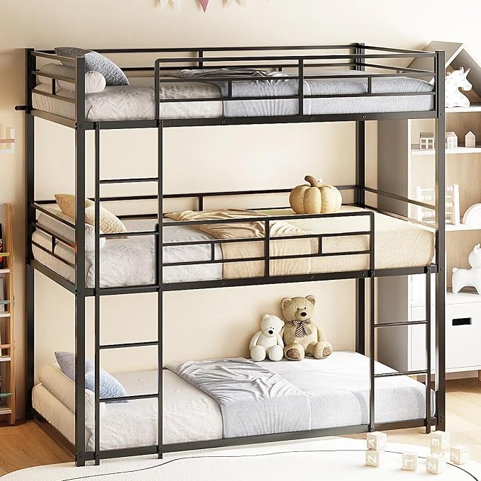 JOYMOR Triple Bunk Bed Twin Over Twin Over Twin, Metal 3 Bunk Bed for Kids, Teens and Adults, Heavy Duty Triple Bed Frame with Safety Guardrail, No Box Spring Needed