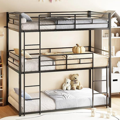 JOYMOR Triple Bunk Bed Twin Over Twin Over Twin, Metal 3 Bunk Bed for Kids, Teens and Adults, Heavy Duty Triple Bed Frame with Safety Guardrail, No Box Spring Needed