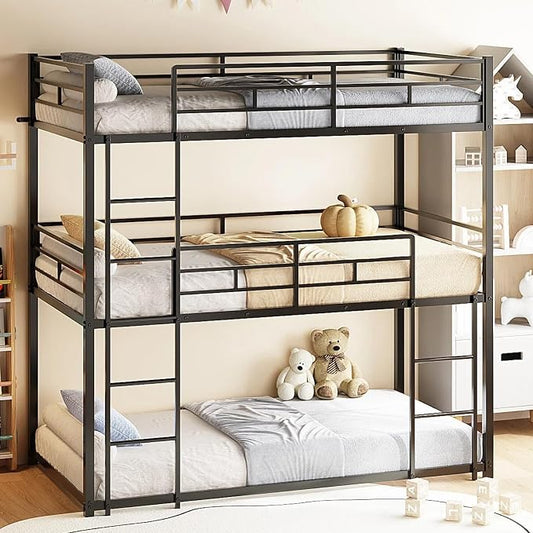 JOYMOR Triple Bunk Bed Twin Over Twin Over Twin, Metal 3 Bunk Bed for Kids, Teens and Adults, Heavy Duty Triple Bed Frame with Safety Guardrail, No Box Spring Needed