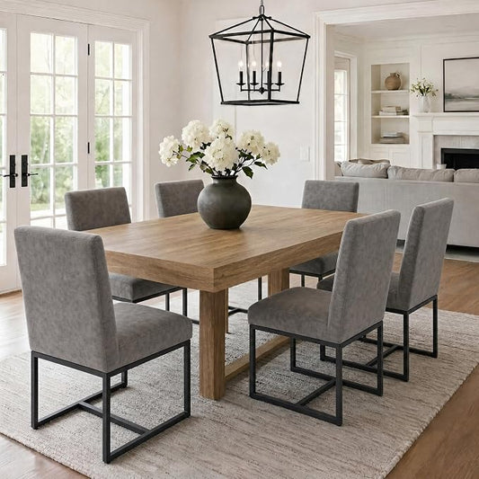 VESCASA Faux Leather Upholstered Dining Chairs with Black Metal Frame, Mid Century Modern Padded Kitchen Chair with Adjustable Foot Pads for Restaurant, Dining Room, Set of 6, Light Grey