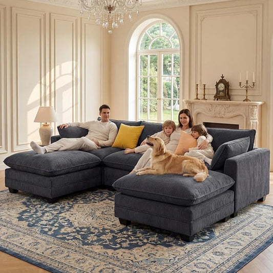 Gizoon 110'' U Shaped Corduroy Comfy Sectional Couches for Living Room 3 Seater Cloudy Sofa with 2 Movable Ottomans Pet Friendly Cloud Couch for for Living Room Bedroom and Apartment, Gray