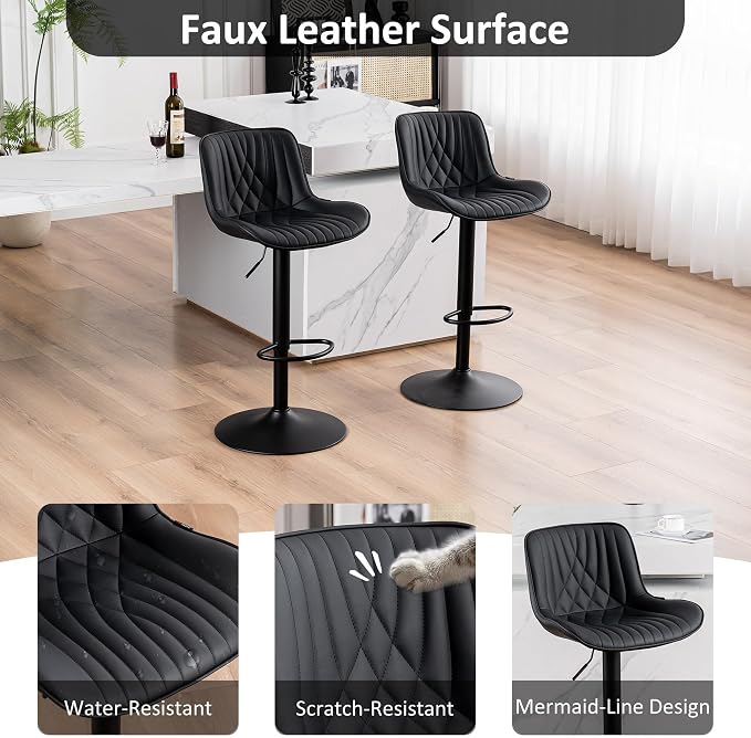 YOUTASTE Black Bar Stools Set of 2, Adjustable Swivel Faux Leather Counter Height Bar Stool, Chairs with Metal Base, 300 LBS Capability, for Home Kitchen Island