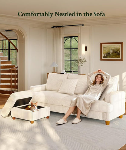 Welzona 87.2" Couches for Living Room, Comfy L Shaped Couch Beige 7.5" Thicker Cushion, Sofas for Living Room Tool-Free Setup, Loveseat with Ottoman 848lbs Support, Corduroy Couch for Bedroom, Office