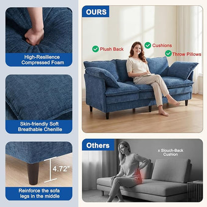 3 Seater Couch Sofa, 69" Small Couch Modern Cozy Comfy Cloud Chenille Sofa 23" Deep 1 Box & 2 Pillows & Washable Cover Couches for Living Room Bedroom Apartment Office 69-Blue