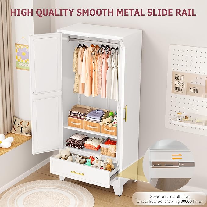 GAIOUS Metal Armoire Wardrobe Closet Cabinet with 2 Doors and Drawer, 71" | Household Wardrobe Cabinet with Hanging Rod, Clothing Storage Cabinet with Adjustable Shelf for Bedroom Cloak Room Gym White
