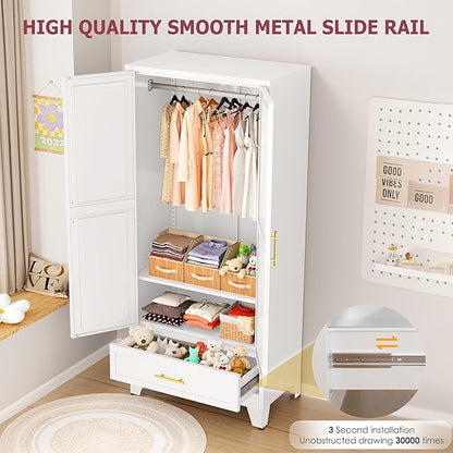 GAIOUS Metal Armoire Wardrobe Closet Cabinet with 2 Doors and Drawer, 71" | Household Wardrobe Cabinet with Hanging Rod, Clothing Storage Cabinet with Adjustable Shelf for Bedroom Cloak Room Gym White