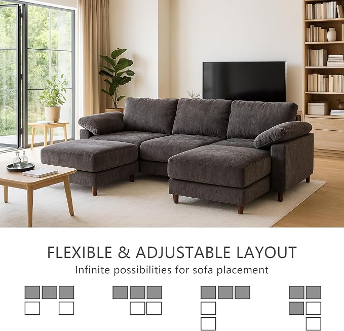 Oversized Modular Cloud Couch with Removable Washable Cover, U -Shaped Sectional for Large Living Room, Plush Chenille & Deep Seat（Grey）