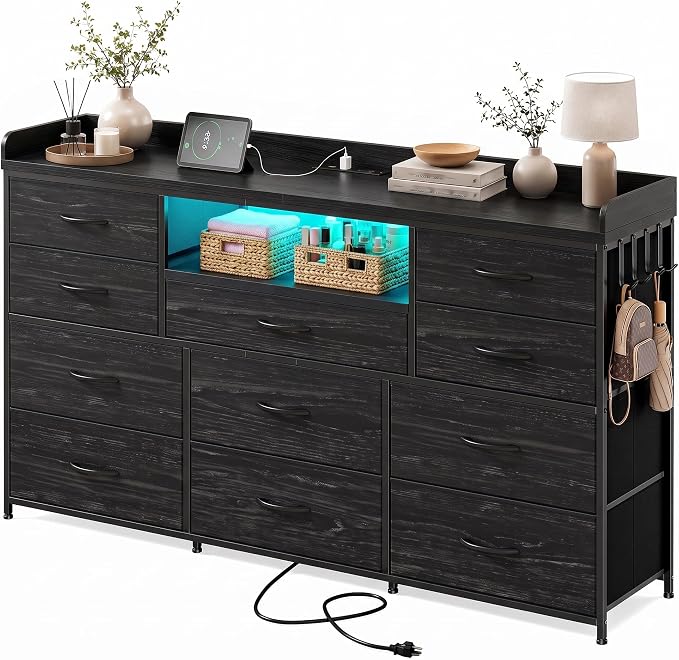 Bepatio LED Dresser for Bedroom with 11 Drawers,Power Strip,4 Hooks,Black | Stylish Dressers & Chests of Drawers with 2 Wood Storage Shelves, TV Stand for 50/55/60 Inch TVs, Sturdy Metal Frame