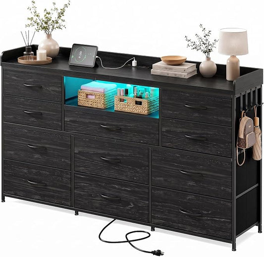 Bepatio LED Dresser for Bedroom with 11 Drawers,Power Strip,4 Hooks,Black | Stylish Dressers & Chests of Drawers with 2 Wood Storage Shelves, TV Stand for 50/55/60 Inch TVs, Sturdy Metal Frame
