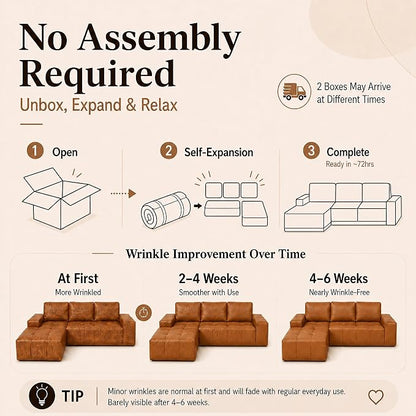 114” Boneless Sectional Couches for Living Room, Brown Cloud Faux Leather Couch in a Box, Modular Sectional Sofas for Living Room, L Shaped Couch with Chaise, Memory Foam Deep Seat, Left Chaise