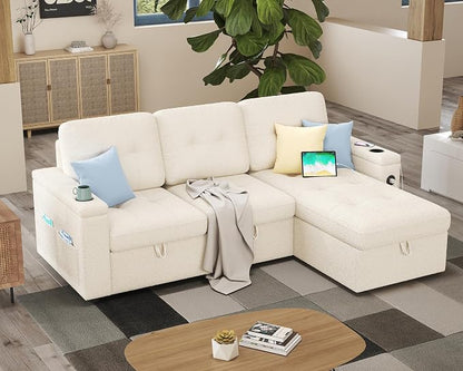 PaPaJet 84 Inch Pull Out Couch, Sleeper Sofa with Storage Chaise, Tufted L Shape Convertible Couch with 2 USB & Cup Holders, Boucle White
