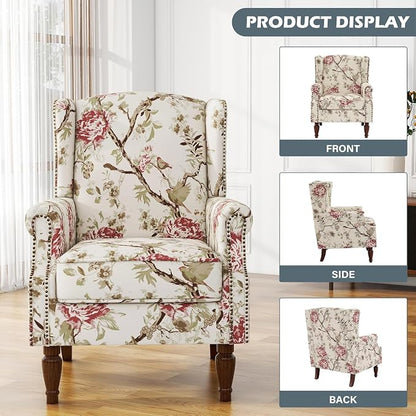 High Back Accent Chairs Set of 2, Floral Wingback Chair Fabric Upholstered Armchair for Living Room, Nailhead Trim Single Sofa Bedroom Reading Seat - Beige