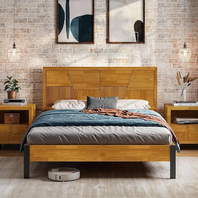 Bme Trapeze Queen Bed Frame – Modern Solid Wood Bed with Smooth Pattern Headboard, Black Metal Legs, Teak Brown Finish – Durable Queen Size Platform Bed for Contemporary Bedrooms