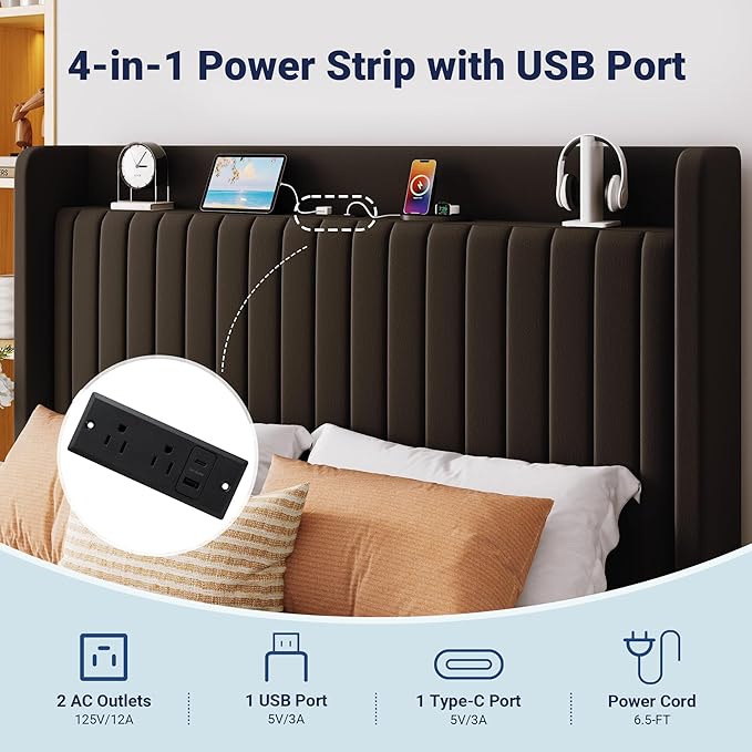 Allewie Full Size Lift Up Storage Bed Frame,Storage Shelf Headboard with Charging Station,Type-C and USB Ports,Hydraulic Support,Velvet Upholstered Bed Frame,No Box Spring Needed,Black