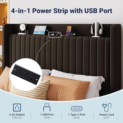 Allewie Full Size Lift Up Storage Bed Frame,Storage Shelf Headboard with Charging Station,Type-C and USB Ports,Hydraulic Support,Velvet Upholstered Bed Frame,No Box Spring Needed,Black