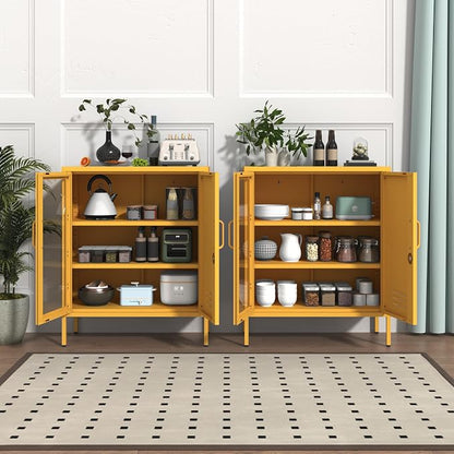 Lockable Metal Storage Locker Adjustable Shelves, 33" H 2-Door Storage Cabinets Durable Metal Sideboard Cabinet for Home Office Living Room Bedroom Yellow