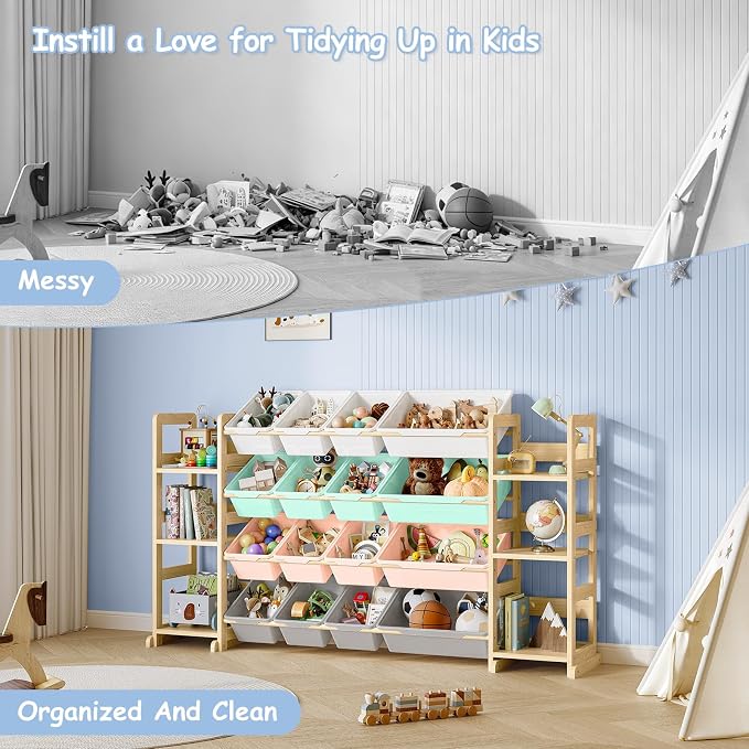 EXPERLAM Extra Large Toy Storage - Toy Storage Organizer, Wooden Toy Organizer with 6 Side Shelves and 16 Bins, 3-in-1 Bookshelf for Kids Rooms, Playroom, Nursery, Multi