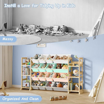 EXPERLAM Extra Large Toy Storage - Toy Storage Organizer, Wooden Toy Organizer with 6 Side Shelves and 16 Bins, 3-in-1 Bookshelf for Kids Rooms, Playroom, Nursery, Multi