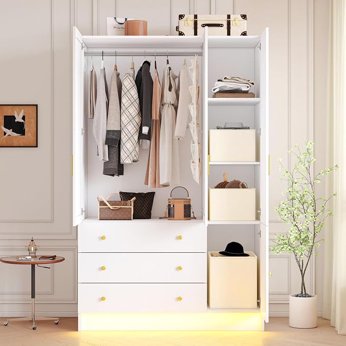 3 Doors Mirrored Wardrobe Armoire Closet with Drawers, LED Armoire Storage Cabinet with Adjustable Shelves & Hanging Rod, 74.8" H Freestanding Clothing Storage Cabinet for Bedroom, White
