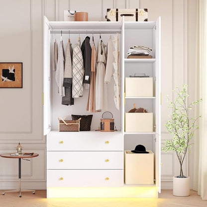 3 Doors Mirrored Wardrobe Armoire Closet with Drawers, LED Armoire Storage Cabinet with Adjustable Shelves & Hanging Rod, 74.8" H Freestanding Clothing Storage Cabinet for Bedroom, White