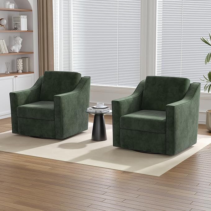 Swivel Accent Chairs Set of 2, 360° Swivel Upholstered Club Armchairs for Living Room, Comfy Single Sofa Reading Chair with Deep Seat, Metal Swivel Base, Chenille Fabric, Green