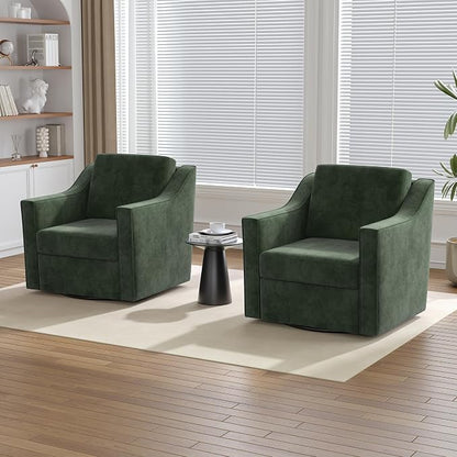 Swivel Accent Chairs Set of 2, 360° Swivel Upholstered Club Armchairs for Living Room, Comfy Single Sofa Reading Chair with Deep Seat, Metal Swivel Base, Chenille Fabric, Green