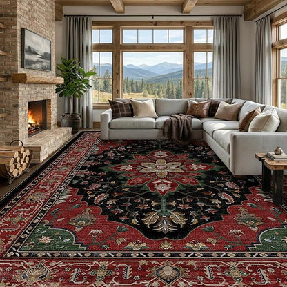 RELEANY Area Rugs Large 9'x12' Washable Non-Slip, Floral Vintage Distress Medallion Carpet for Living Room Bedroom Dining Room, Red Black