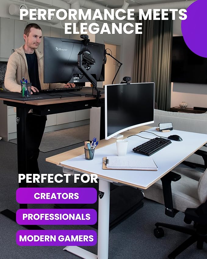 Arozzi Arena Nordico Gamer Desk – 55x27.6” Electric Standing Table – PC Gaming Desk with Storage for Cables - Dual Cable Baskets, Split Tabletop, Monitor Arm Friendly - Black