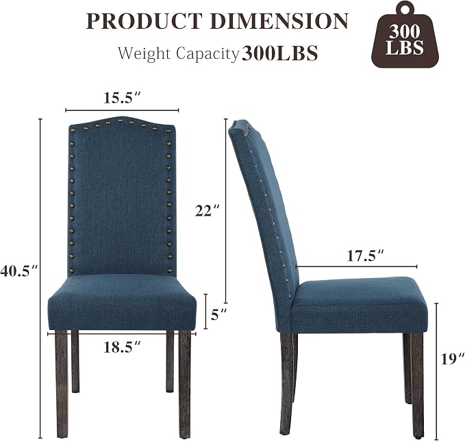 LSSBOUGHT Dining Chairs Set of 2,Upholstered Parsons Dining Room Chairs Fabric Kitchen Chairs with Solid Wood Frame and Nailhead Trim(Blue)