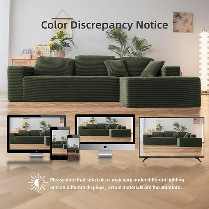 Claiks 110" Boneless Couch, Cloud Couch Sectional, L-Shape Corduroy Modular Sectional Sofa Deep Seat, Upholstered Couches for Living Room, No Assembly Required, Green, Right Facing Chaise
