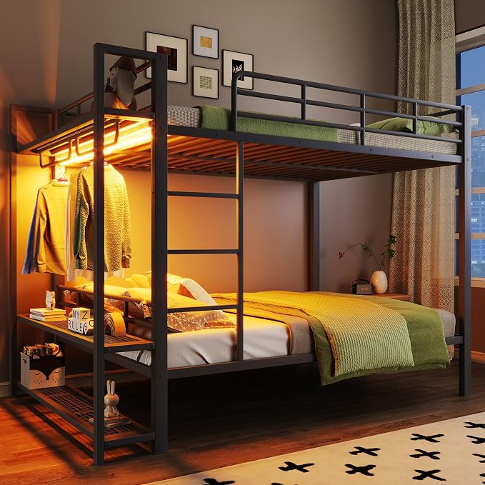 Bellemave Full Over Full Bunk Bed,Metal Bunk Bed with Shelf and Guardrails,Full Bunk beds with Storage Mesh Shelves and Clothes Hooks for Kids, Teens & Adults（Black）