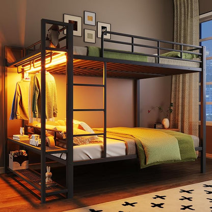 Bellemave Full Over Full Bunk Bed,Metal Bunk Bed with Shelf and Guardrails,Full Bunk beds with Storage Mesh Shelves and Clothes Hooks for Kids, Teens & Adults（Black）