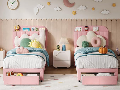 IDEALHOUSE Twin Bed Frame for Kids, Upholstered Platform Bed with Large Storage Drawer and Bookcase Headboard, Girls Bed, Noise-Free, Easy Assembly, No Box Spring Needed, Light Pink